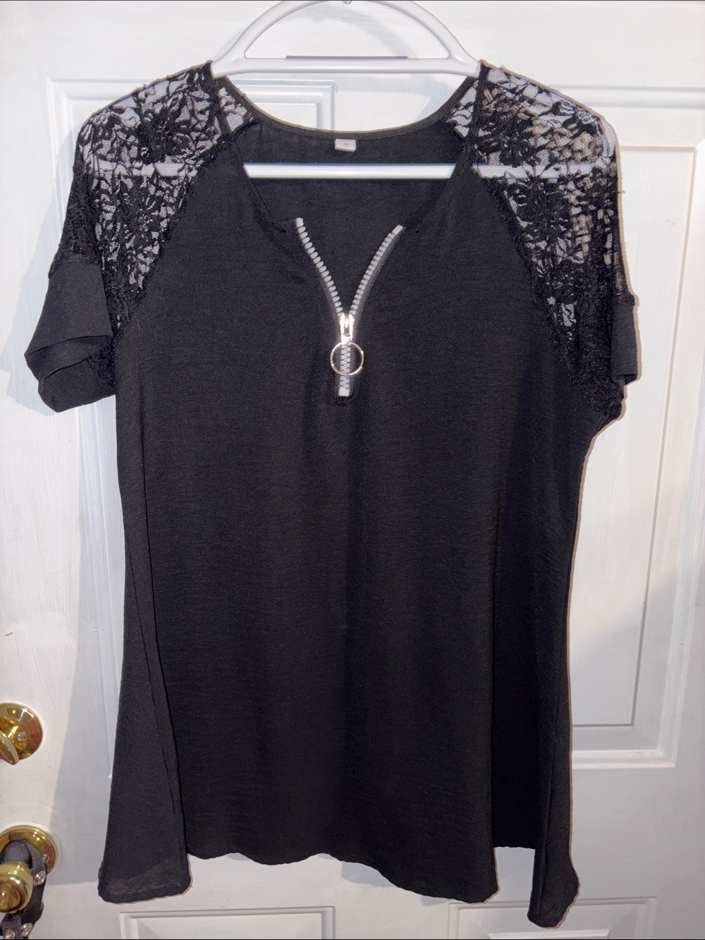 Women’s Black Lace Shoulder Zip-Front Top